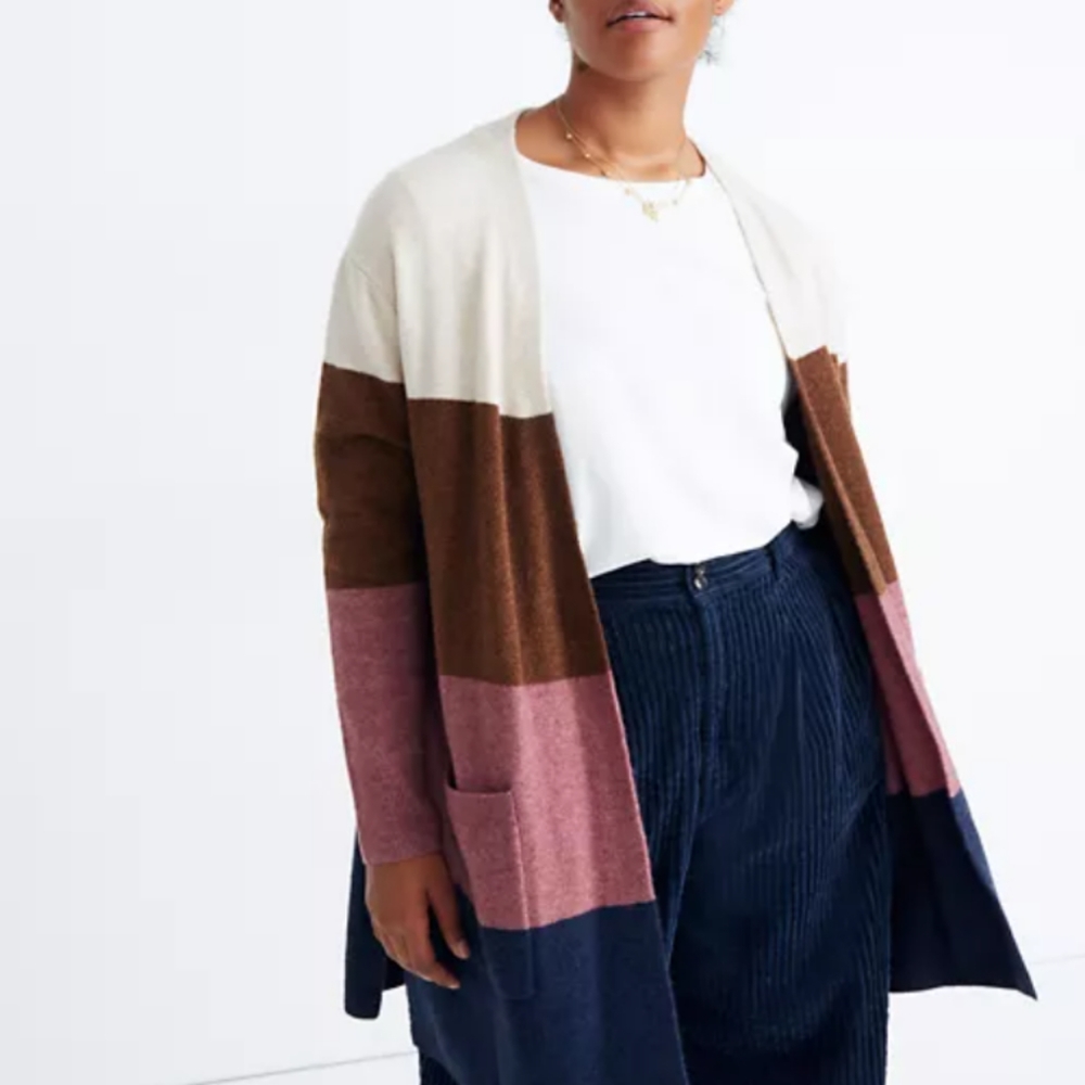 Madewell Kent Striped Cardigan in Coziest Yarn Multicolor Cream Rose Navy Camel